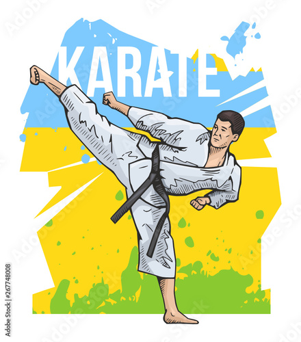 Vector illustration of man practicing karate, martial arts, fitness, training. Bright, colorful sport poster. Healthy lifestyle concept
