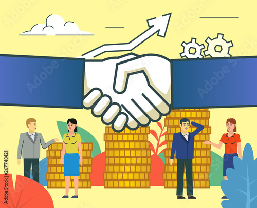 Big deal, successful agreement, income growth. People stand near big hands handshake. Poster for social media, web page, banner, presentation. Flat design vector illustration