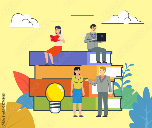 Education, self education concept. People stand near stack of big books. Poster for social media, banner, presentation, web page. Flat design vector illustration