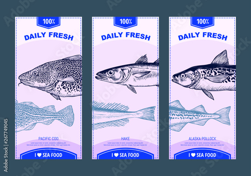 Sea food banners set. Hand drawn sea animals. Template for your design works. vector illustration.