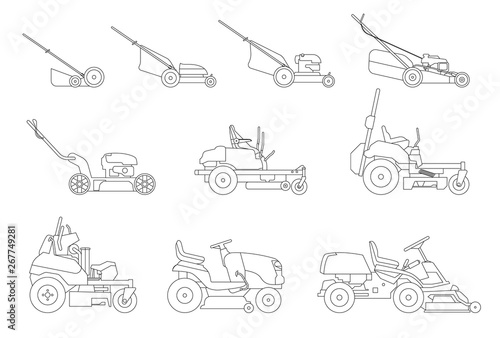 Various types of lawn mowers isolated on white background. Mowed grass. Vector illustration of gardening grass-cutter.