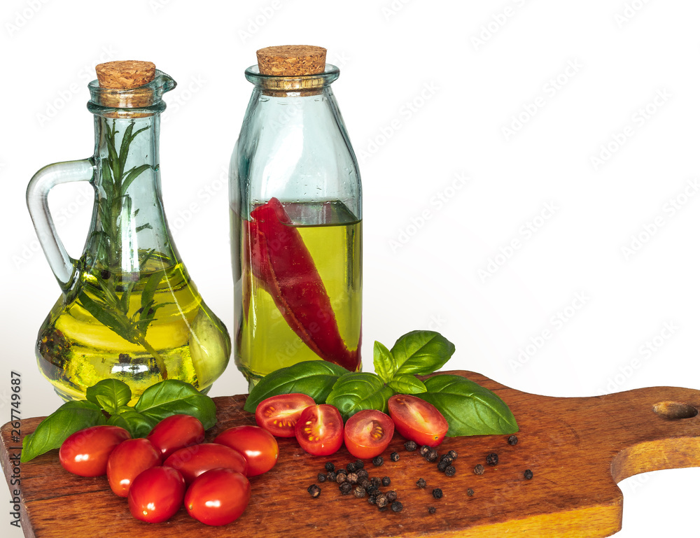 Bottles with salad oil. Bottles with salad oil.