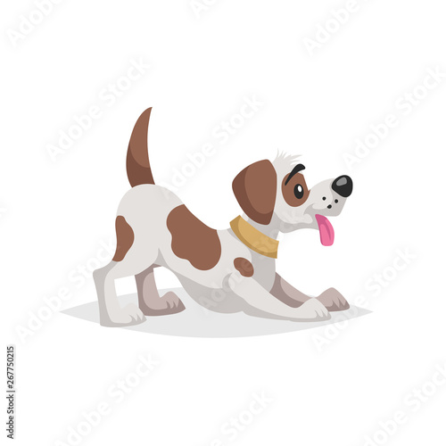 Cute cartoon spotted dog puppy makes compliment to owner. Pet animal. Flat with simple gradient illustration. Farm animal. Vector drawing isolated on white background.