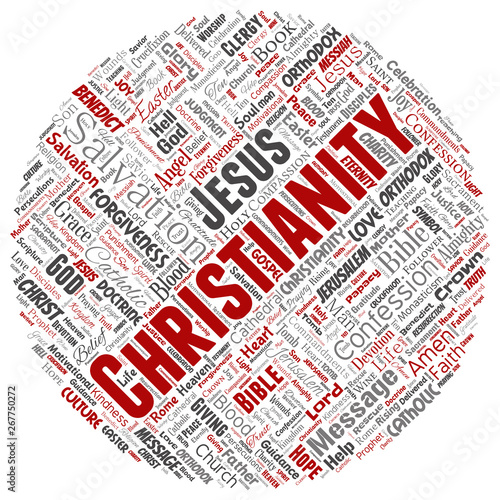 Vector conceptual christianity, jesus, bible, testament round circle red  word cloud isolated background. Collage of teachings, salvation resurrection, heaven, confession, forgiveness, love concept