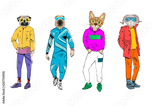 Different fashion models with animal heads set. Modern clothes. Template sketch vector illustration. 