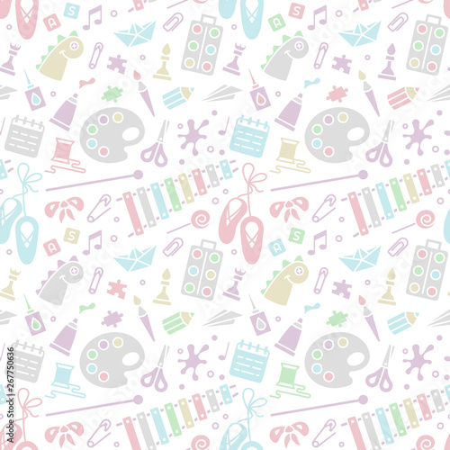 Repeating seamless pattern with objects for kids creative activity in flat style. Suitable for wallpaper, wrapping or textile