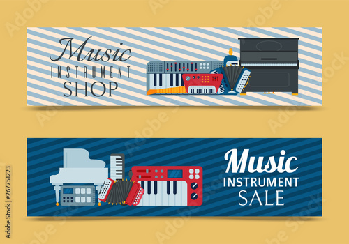 Music keyboard instrument playing synthesizer equipment banner design vector illustration. Harmony performance entertainment electric piano poster. Instrumental song orchestra guitar