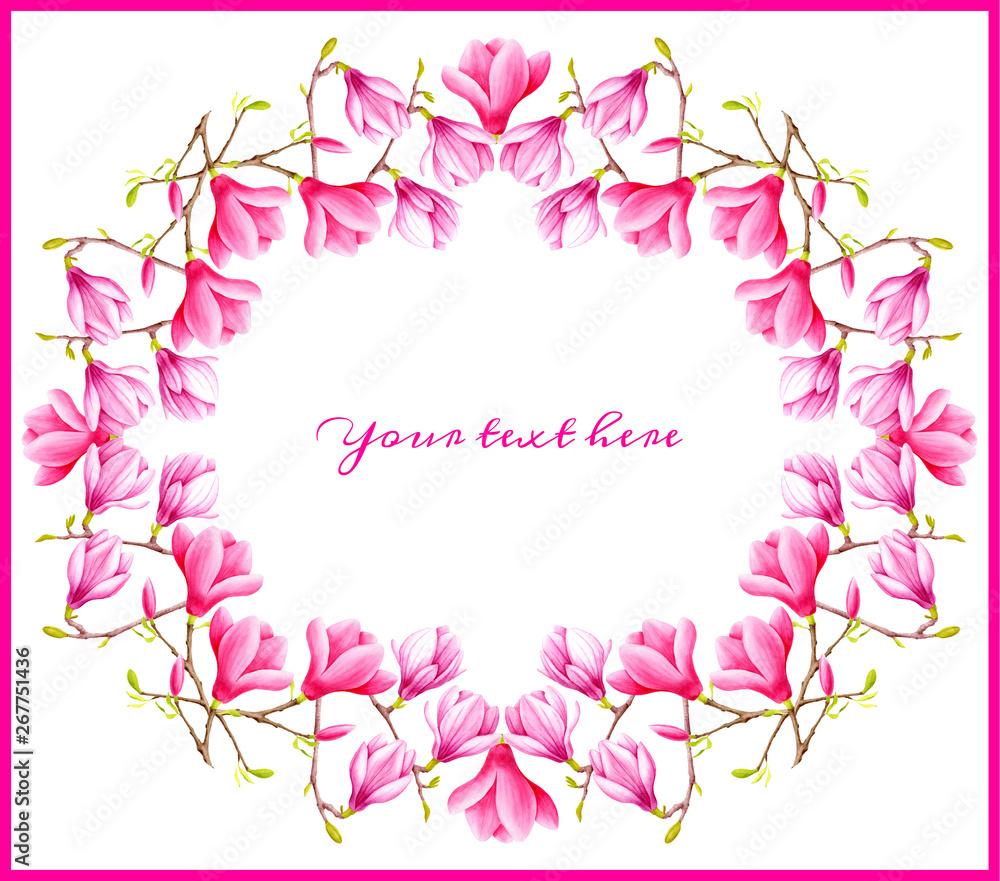 Watercolor pink magnolia flowers frame on white background. Hand painted wreath border template for wedding design, invitations, save the date, greeting cards, banners Watercolor pink magnolia flowers frame on white background. Hand painted wreath border template for wedding design, invitations, save the date, greeting cards, banners