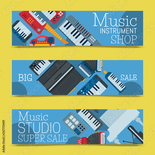 Music keyboard instrument playing synthesizer equipment banner design vector illustration. Harmony performance entertainment electric piano poster. Instrumental song orchestra guitar