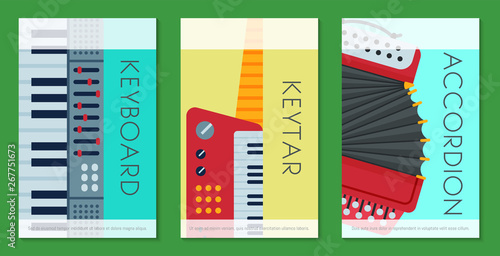 Music keyboard instrument playing synthesizer equipment cards design vector illustration. Harmony performance entertainment electric piano poster. Instrumental song orchestra guitar