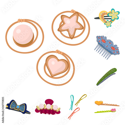 Vector illustration of barrette and hair icon. Set of barrette and accessories stock vector illustration.