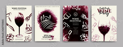 Collection of templates with wine designs, illustration of wine glasses with spots and food symbols. Brochures, posters, invitations, promotional banners, menus. Vector illustration
