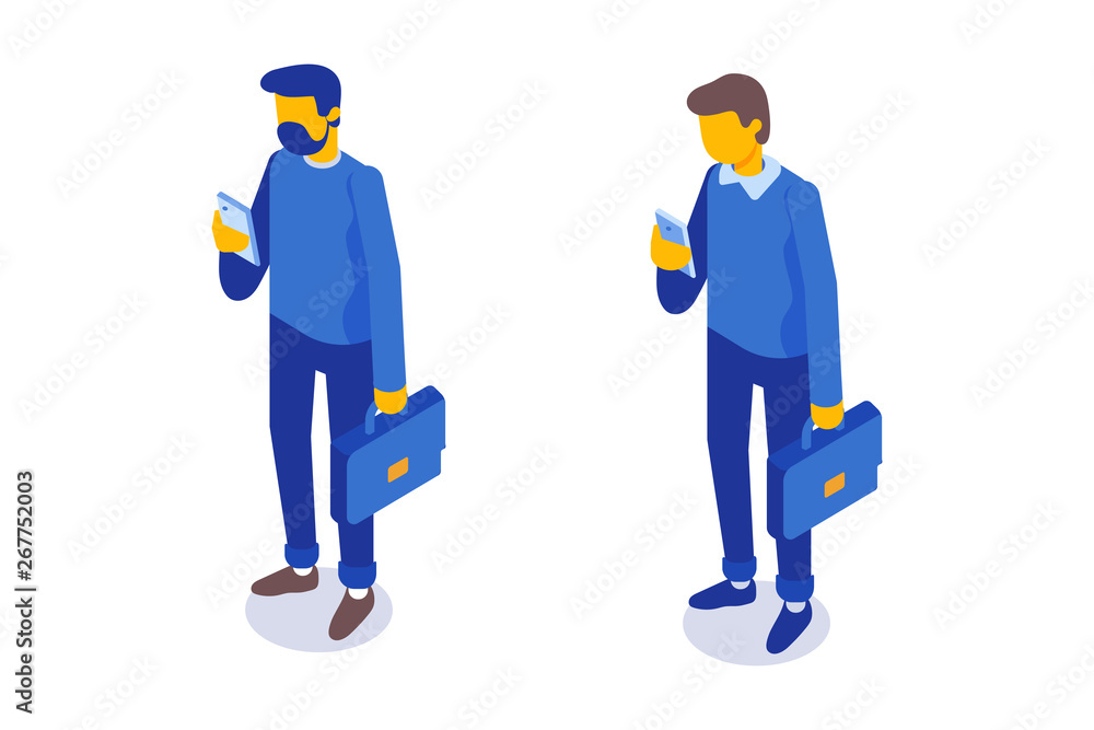 Businessman with phone vector isometric character.