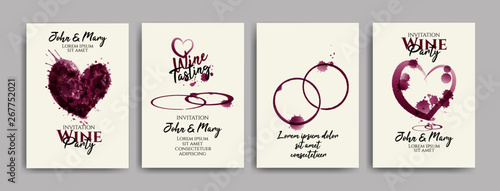 Collection of wine designs for wedding parties, bridal shower party, celebrations. shapes of hearts and rings with wine stains. Invitations, cards, web banners. Vector illustration photo