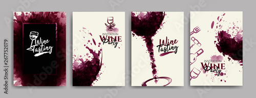 Collection of templates with wine designs, illustration of wine glasses with spots. Brochures, posters, invitations, promotional banners, cards. Vector illustration