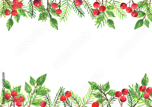 Abstract Christmas leaves and red berries watercolor hand painting for decoration on Christmas holiday festival.