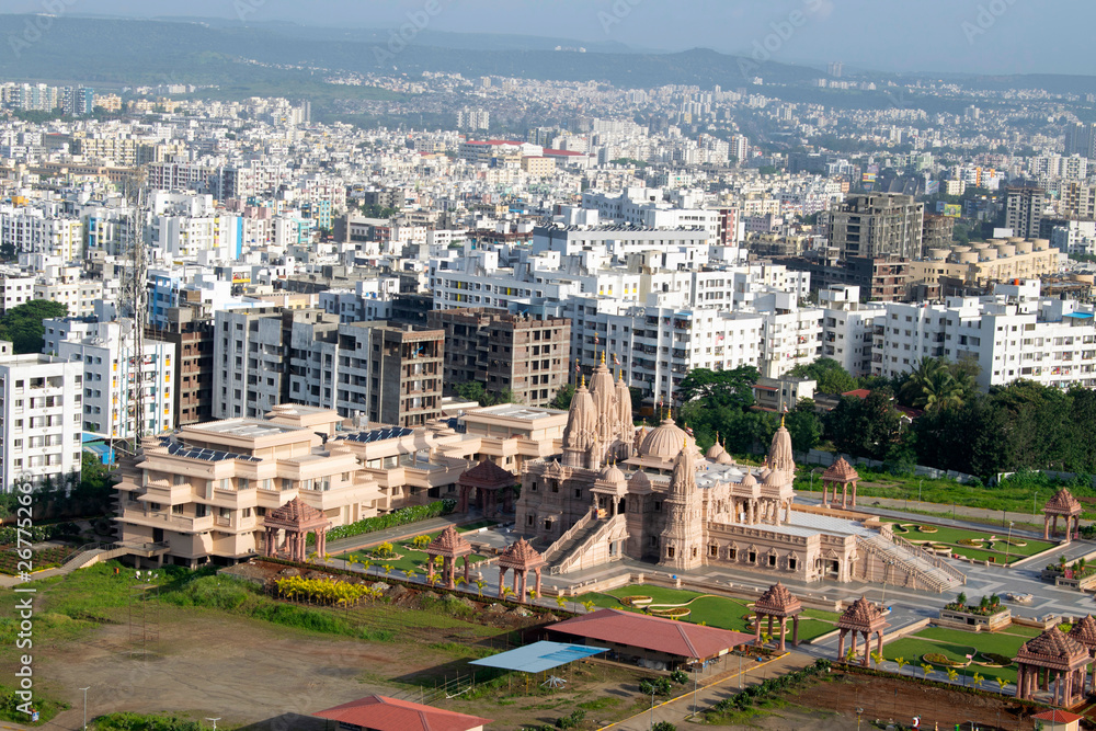 Fototapeta premium Swaminarayan temple aerial view from the hill, Pune, Maharashtra, India.