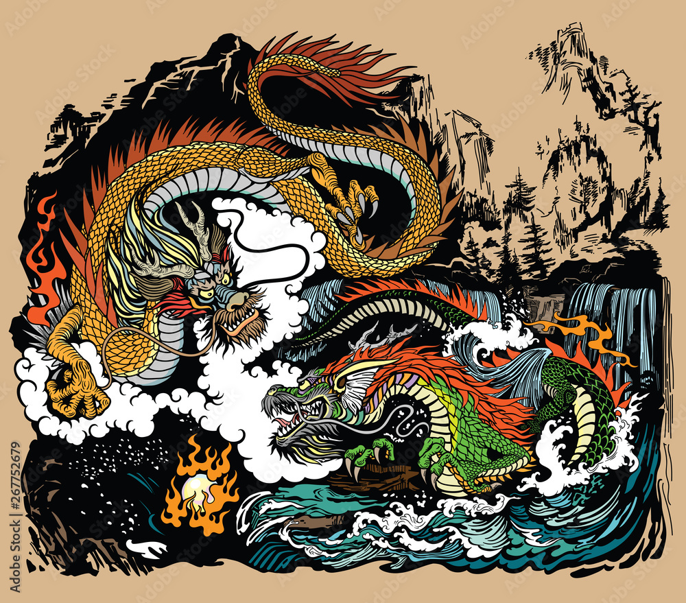 Fototapeta Dwa chińskie smoki wschodnioazjatyckie otaczają płonącą perłę. Krajobraz z wodospadami, górami, chmurami i falami wody. Ilustracja wektorowa w stylu graficznym