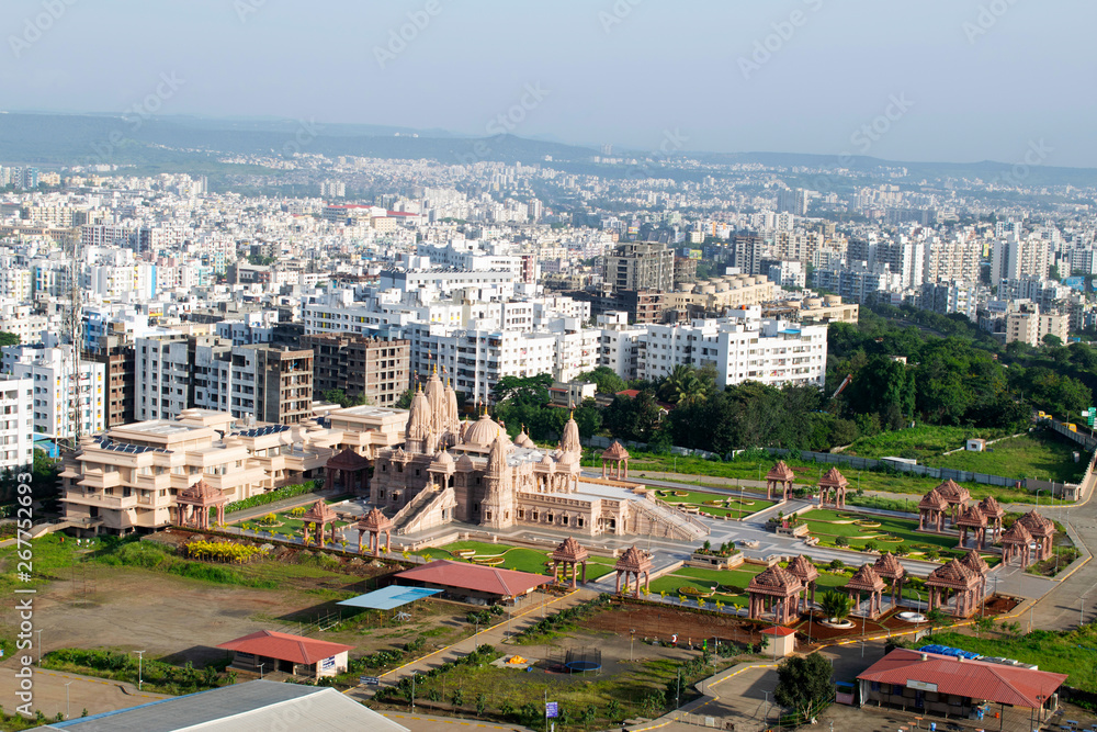 Swaminarayan temple aerial view from the hill, Pune, Maharashtra, India.