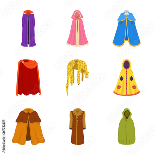 Vector design of cloak and clothes sign. Set of cloak and garment stock vector illustration.