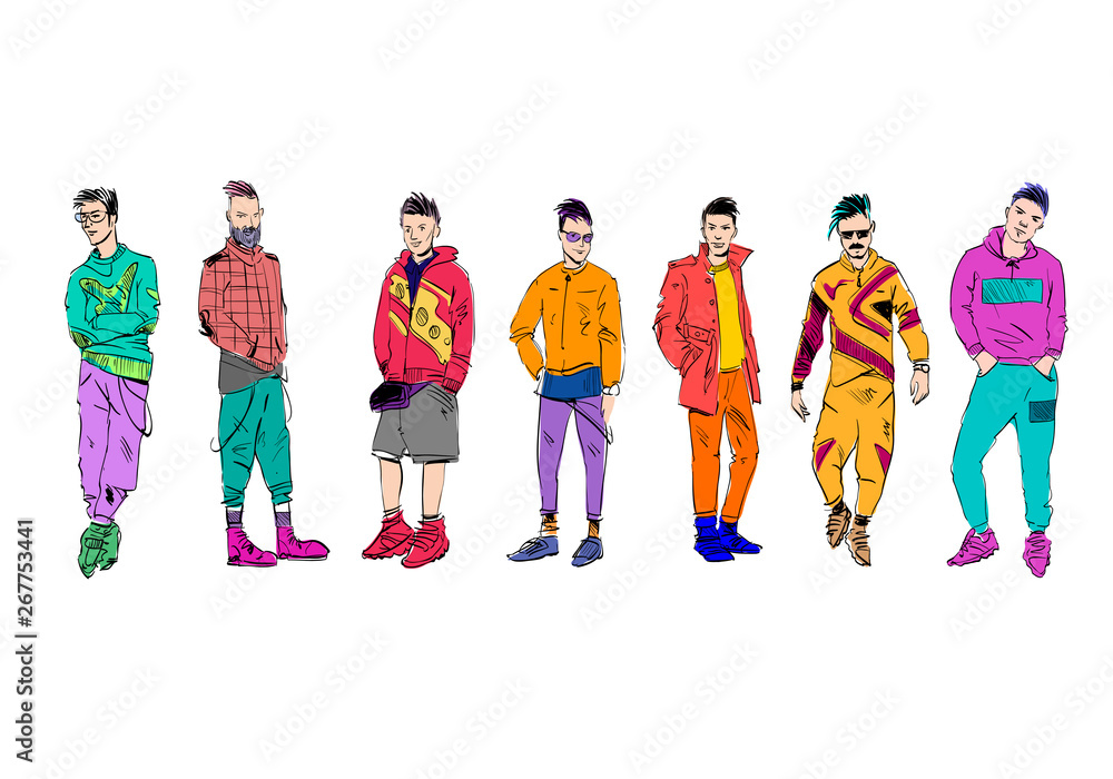 Fototapeta premium Different fashion people set. Modern clothes. Template sketch vector illustration. 