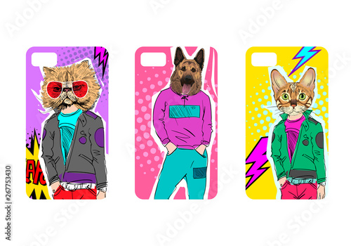 Case on the phone with picture of fashion models with animal heads. Trendy design template phone cover. Pop art, comics style. Hand drawn vector illustration. 