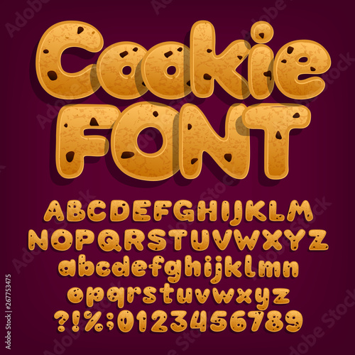 Chocolate cookie alphabet font. Uppercase and lowercase dessert letters. Letters, numbers and symbols with chocolate chips. Stock vector illustration.