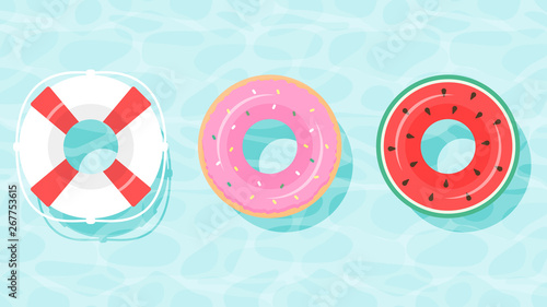 Lifebuoy icon set. Rings for swimming. Flat cartoon style. float rubber ring for children and adults, pool blue water, aqua textured background. Color swim rings icon set watermelon, donut, lifebuoy