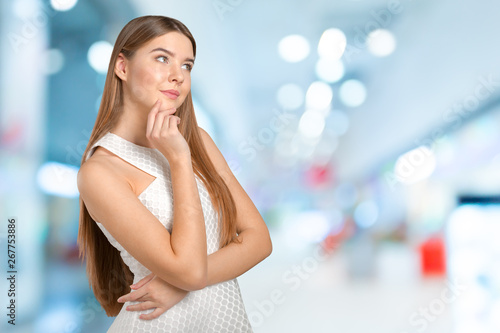 Wallpaper Mural Smart blond lady wearing white dress Torontodigital.ca