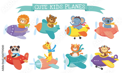 Set of cute animal on planes. Kids transport. Funny pilots. Giraffe, bear, tiger, elephant, monkey, lion, panda, koala. Vector illustration