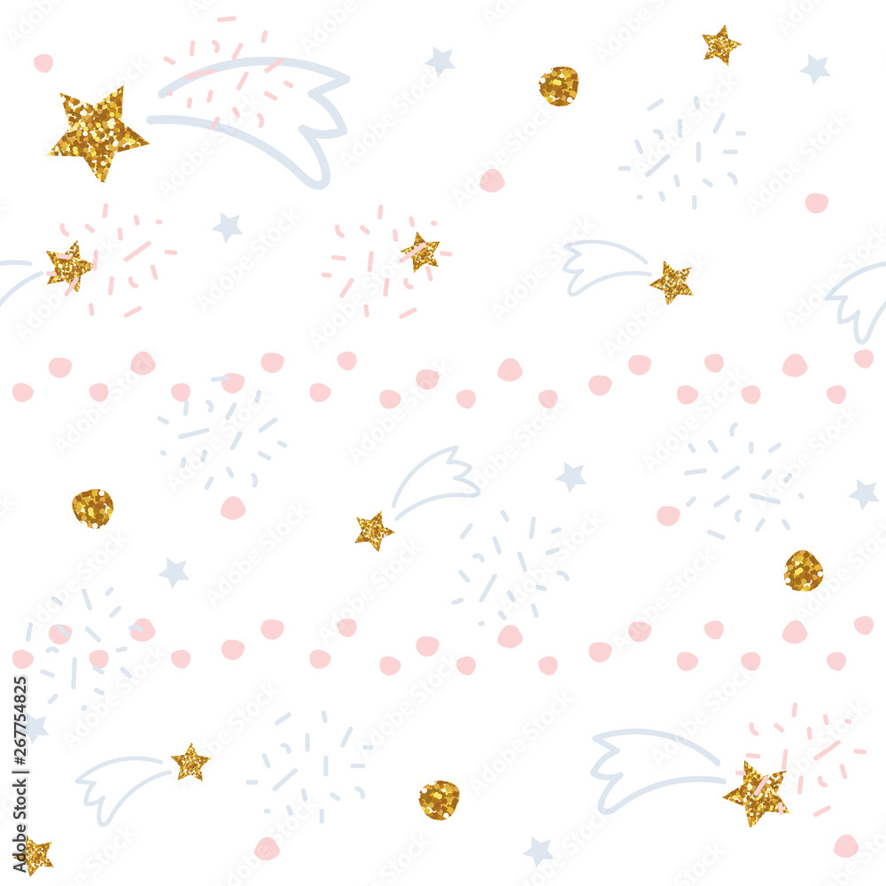 Seamless pattern with gold glitter stars and abstract doodle elements. Pastel cute print. Vector hand drawn illustration.