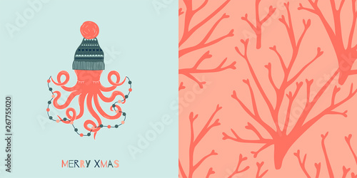 Underwater Coral Merry Christmas concept graphics set in decorative Scandinavian style. Fairy Christmas Octopus in jacquard winter hat with decorative garland vector illustration. Simple flat ocean