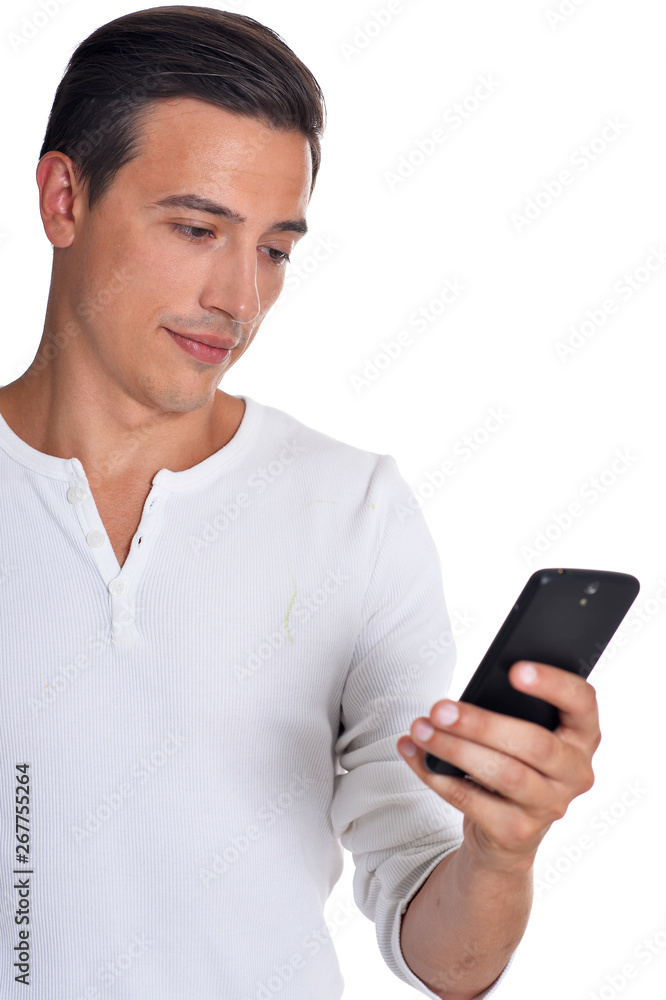 Handsome young man in white clothing using smartphone posing on white background Handsome young man in white clothing using smartphone posing on white background