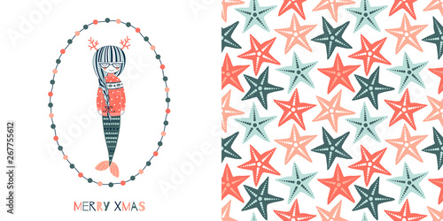 Underwater Merry Christmas concept graphics set in decorative Scandinavian style. Magical Xmas Mermaid in jacquard sweater. vector illustration. Simple flat multicolour starfish seamless background.