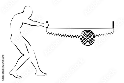 one man cutting wood with  two hand saw