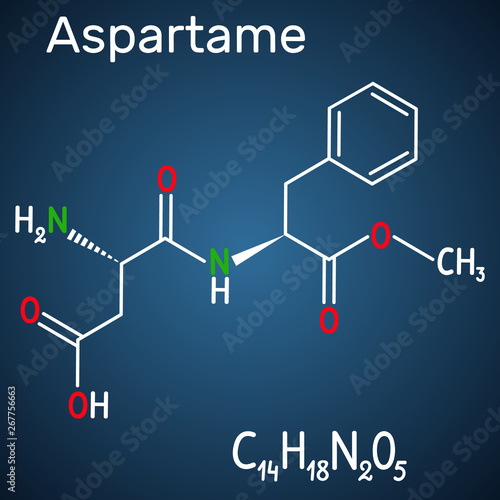 Aspartame, APM, molecule. Sugar substitute and E951. Structural chemical formula and molecule model on the dark blue background