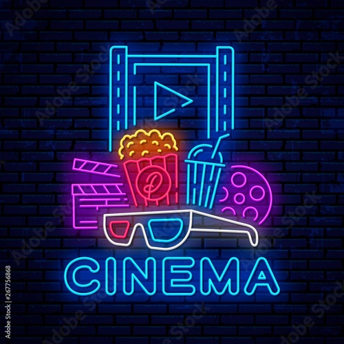 Cinema neon bright night signboard. Vector cinema banner. Bright logo, emblem and label template design. Night neon advertising. Movie logo.