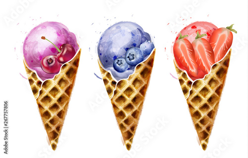 Ice cream cones Vector watercolor. Sweet colorful summer desserts