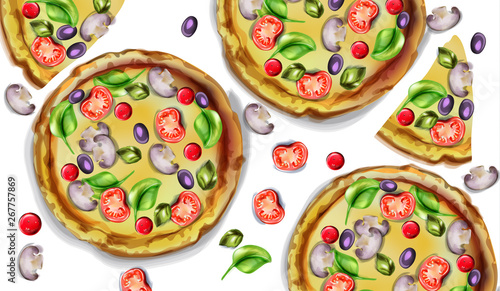 Pizza pattern vector watercolor. Delicious texture menu templates