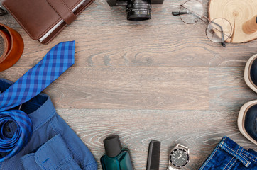 Top view men's accessories and clothes concept. Copy space for father's day greeting text