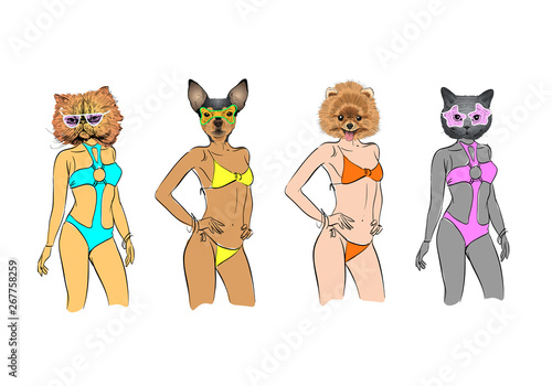 Fototapeta Naklejka Na Ścianę i Meble -  Fashion women models with animal heads in swimsuits set. Modern clothes. Template sketch vector illustration. 