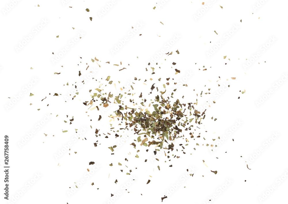 Dried oregano, spice pile isolated on white background, top view Dried oregano, spice pile isolated on white background, top view