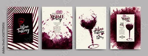 Collection of templates with wine designs, illustration of wine glasses with spots. Brochures, posters, invitations, promotional banners, cards. Vector illustration