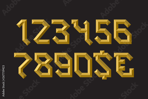 Golden faceted numbers with currency signs in ingots form.