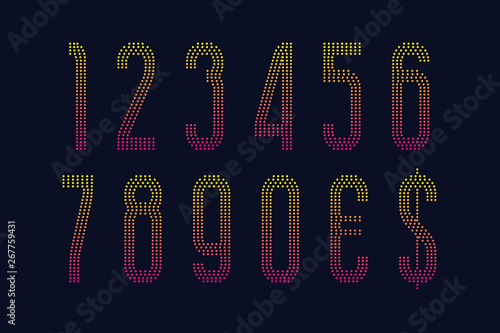 Yellow pink gradient dotty numbers with currency signs.