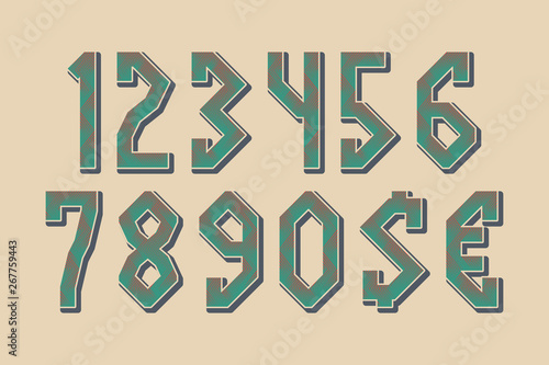 Herringbone pattern numbers with currency signs in exotic style.