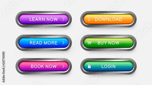 Modern web buttons of purple, sky blue, pink, yellow, green color. Metal framed rectangular steelane buttons with drop shadow for web design, apps and games.