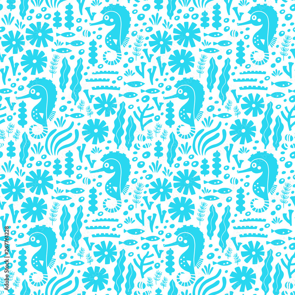 Sea life seamless pattern with sea horse, fish and water plant. Vector illustration. Wrapping. Surface decoration. Sea life seamless pattern with sea horse, fish and water plant. Vector illustration. Wrapping. Surface decoration.