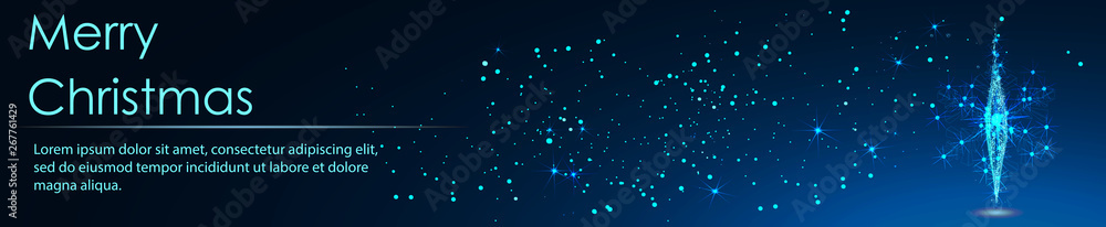 Fototapeta premium Low polygon Christmas ball wireframe mesh on dark blue background, Banner. Abstract image of a starry sky or space, consisting of points, lines, n the form of stars and the universe. Low poly vector