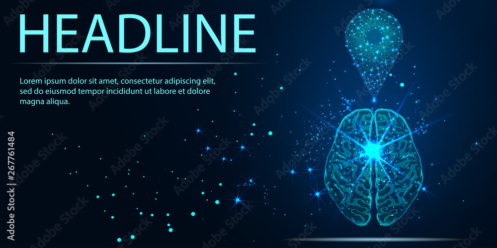 Fototapeta premium Zoom Pin and human brain, Banner. Abstract image of a starry sky or space, consisting of points, lines, n the form of stars and the universe. Low poly vector